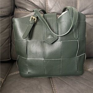 Unica! Firenze Leather Tote Double Handle Bag Made In Italy Green